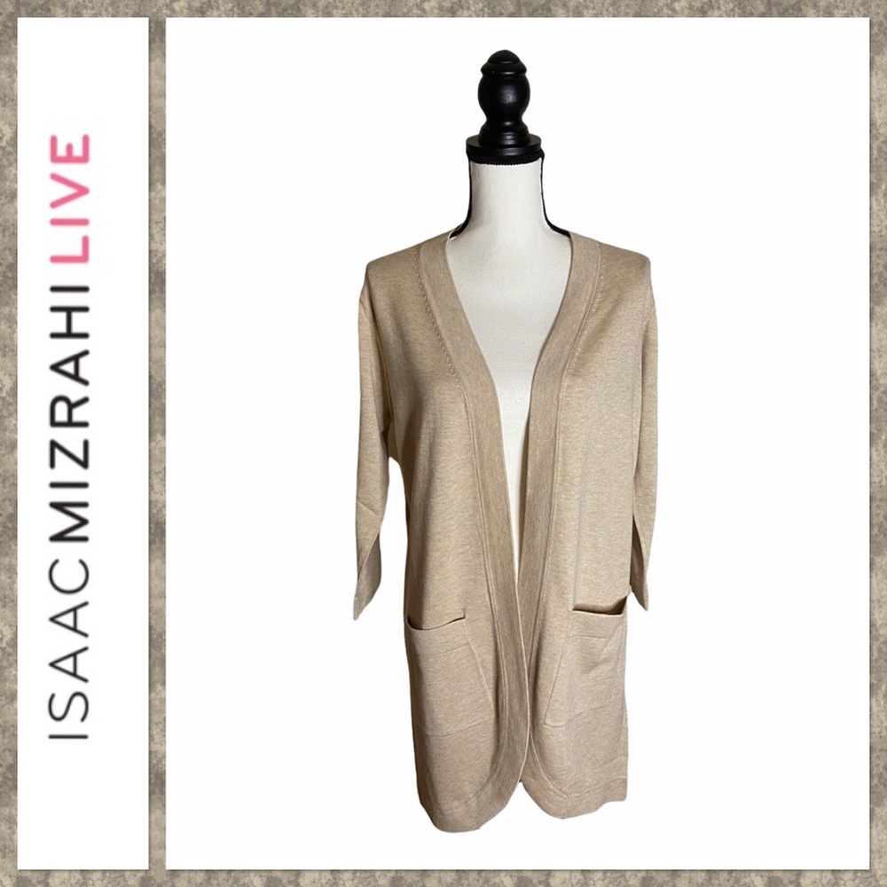 IsaacMizrah Live Womens Tan Curved Open Cardigan